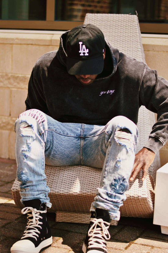 Premium heavyweight acid washed black hoodie from GRIFF NYC. Acid washed black streetwear hoodie. Comfortable and stylish black hoodie. high quality French terry hoodie.