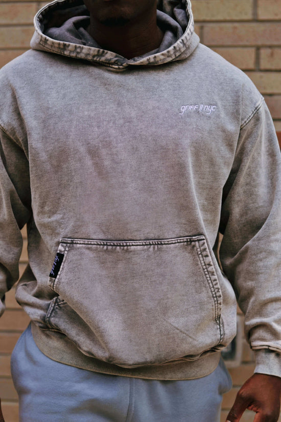 Premium heavyweight acid washed grey hoodie from GRIFF NYC. Acid washed grey streetwear hoodie. Comfortable and stylish hoodie. High quality French terry hoodie.