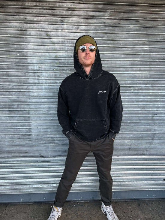 Premium heavyweight acid-washed hoodie. Vintage black hoodie. Streetwear hoodie